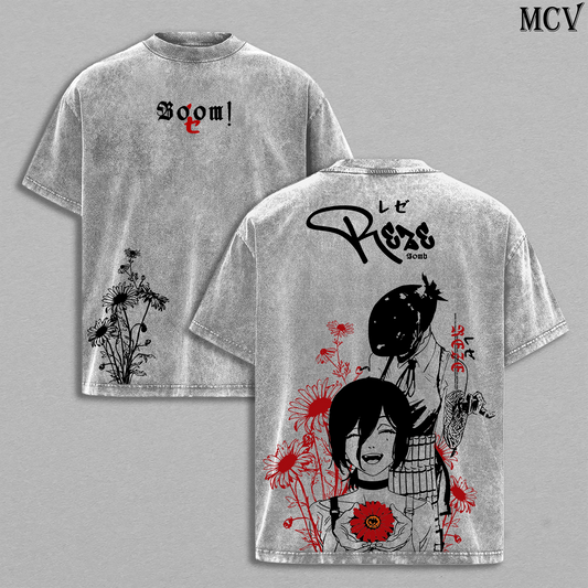 Flower Bomb Girl Reze – Chainsaw Man Vintage Washed Anime Streetwear T-Shirt