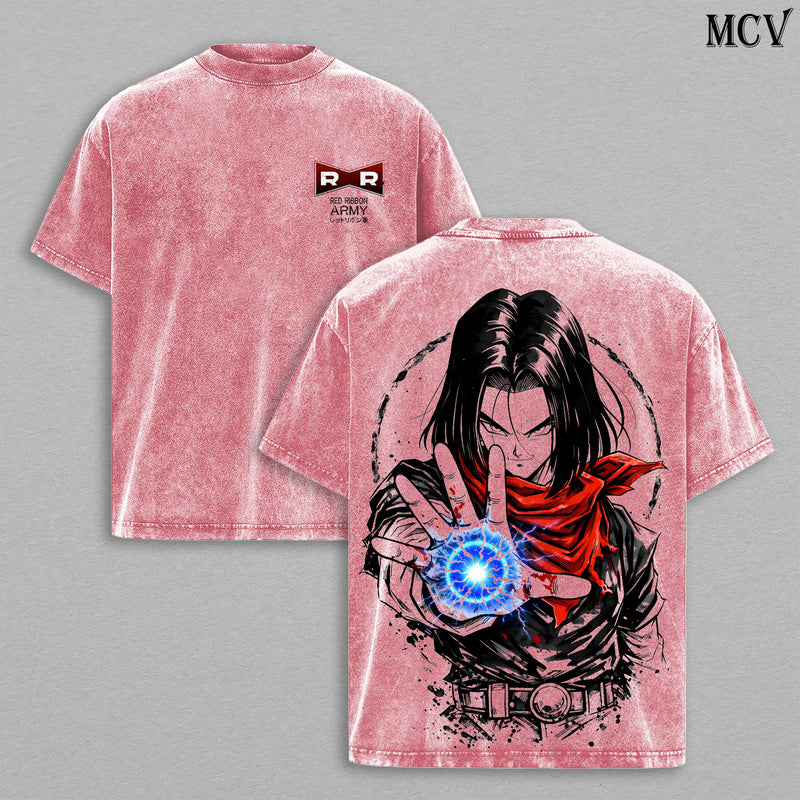 Android 17 Washed Tee – DBZZ Infinite Energy Anime Graphic Double Printed T-Shirt, Menswear Heavy Cotton Unisex Oversize Streetwear Vintage Fighter Edition