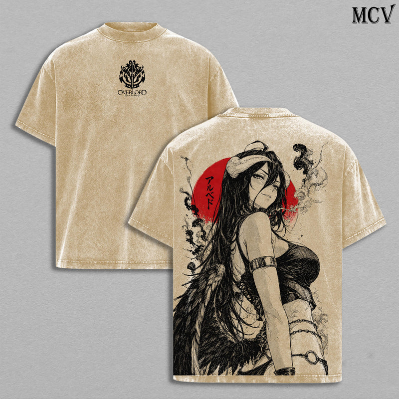 Albedo Overlord Tee – Albedo Vintage Washed T-Shirt | Guardian Overseer | Queen of Nazarick Anime Manga Graphic Tee | Heavyweight Cotton Unisex Oversized Streetwear Top
