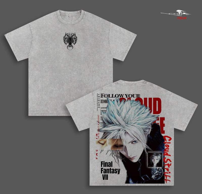 Cloud Strife Final Fantasy VII Anime Double Printed Vintage Washed Tee Unisex Oversize Anime Manga Washed Heavyweight Cotton T-shirt