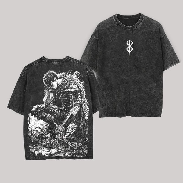 Black Knight Guts Berserk Retro Vintage Unisex Oversize Anime Manga Washed Heavyweight Cotton T-shirt, Gift For Anime Fan, Anime Lover