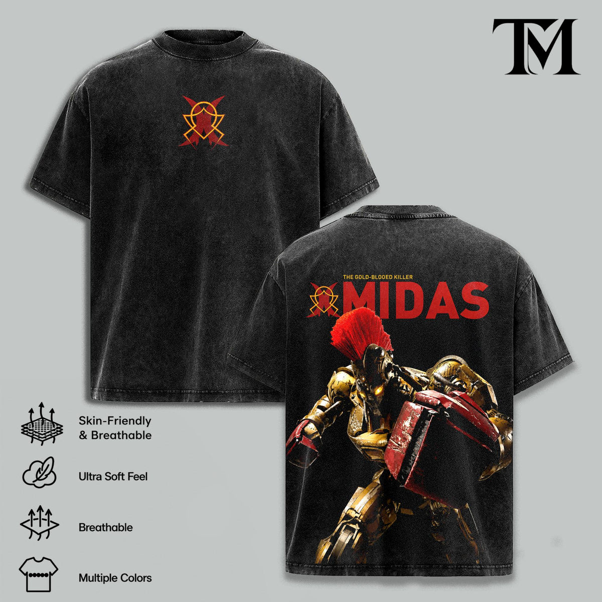 Real Steel Midas Graphic Tee, Apparel with Double Print, Oversize Lightweight Acid-Washed Cotton, Casual Classic Seamless Shortsleeve Movies Films Streetwear Top Gift for movie fans