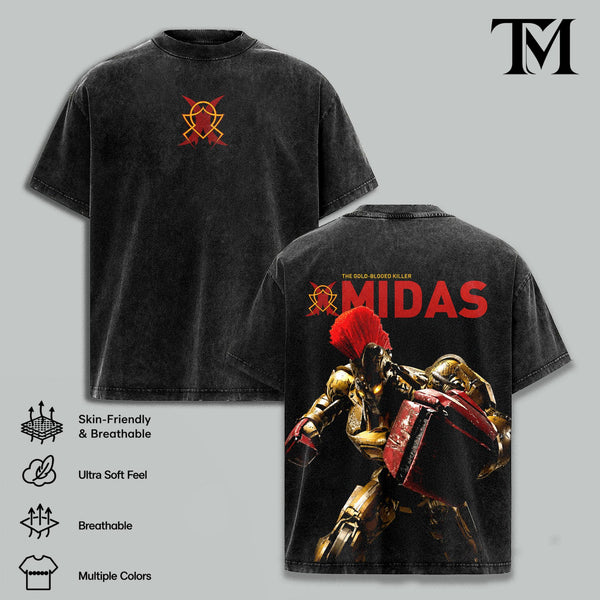 Real Steel Midas Graphic Tee, Apparel with Double Print, Oversize Lightweight Acid-Washed Cotton, Casual Classic Seamless Shortsleeve Movies Films Streetwear Top Gift for movie fans
