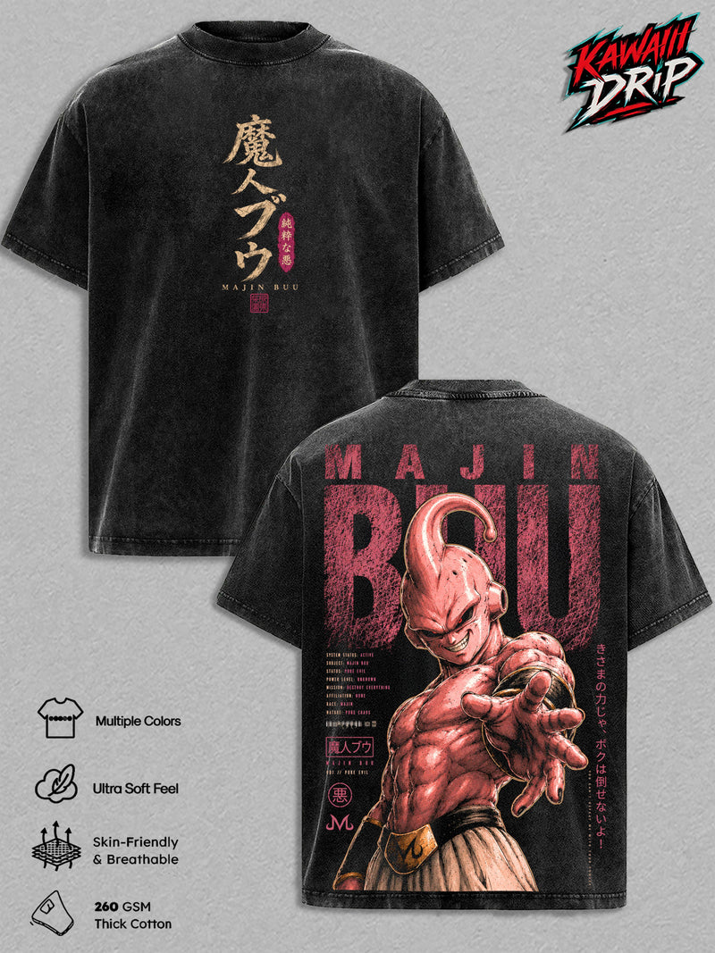 Majin Buu DBZ Vintage Washed T Shirt Anime Graphic Tee DBZ Oversized Streetwear Cotton Tshirt Classic Menswear Clothes Apparel Gift for Anime Fans Men & Women