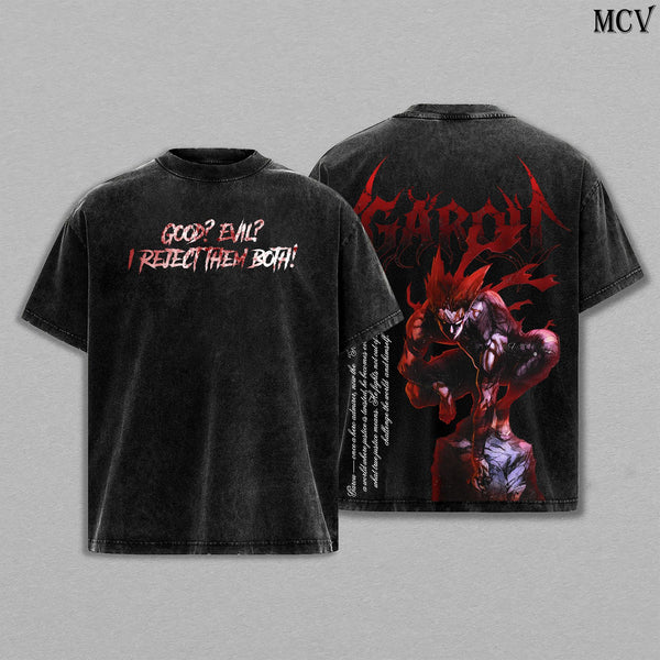 Garou God Awakened Tee – One Punch Man SS3 Oversized Washed Heavy Cotton T-Shirt, Red Demon Form Graphic Streetwear, Vintage Anime Manga Top, Hero Hunter Movie Dark Aura Edition, Unisex Retro Style