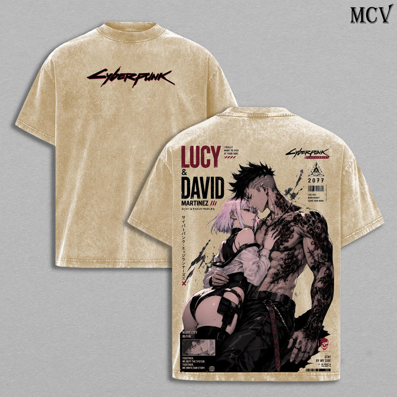 Lucy & David Cyberpunk Edgerunners Tee – Lucy & David Martinez Vintage Washed T-Shirt | Night City Lovers | Japanese Irezumi Gothic Tattoo Art | Cyberpunk Anime Manga Graphic Tee | Heavy Cotton Unisex Oversized Streetwear Top