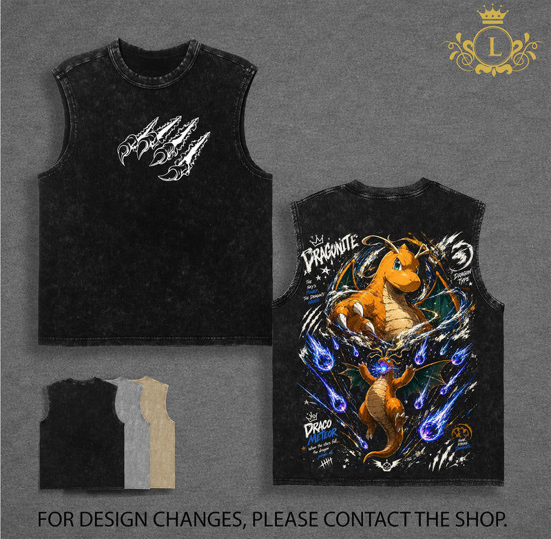 Pocket Monsters - Dragonite Wash Tee Vintage Unisex Oversize Anime Manga Acid Washed Heavyweight Cotton T-shirt for Fans
