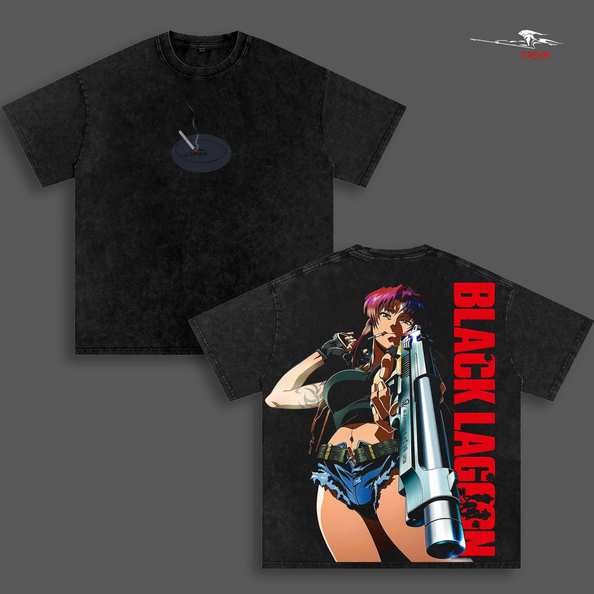 Black Lagoon v3 Anime Double Printed Vintage Washed Tee Unisex Oversize Anime Manga Washed Heavyweight Cotton T-shirt