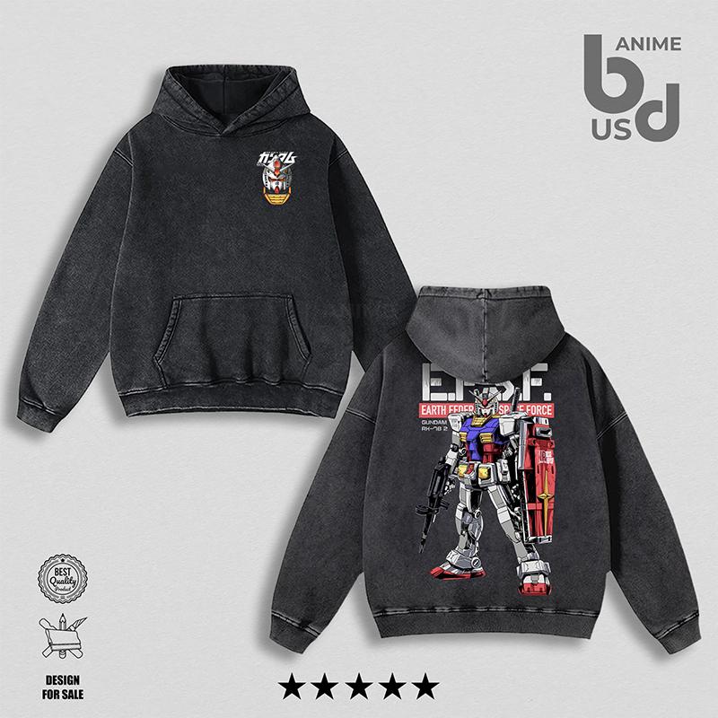 RX-78-2 Gundam Hoodie Wash – Double Printed Cool Style, Oversize Unisex Cotton, Retro 90s Graphic Tee, Streetwear, Menswear, Gift For Anime Fan