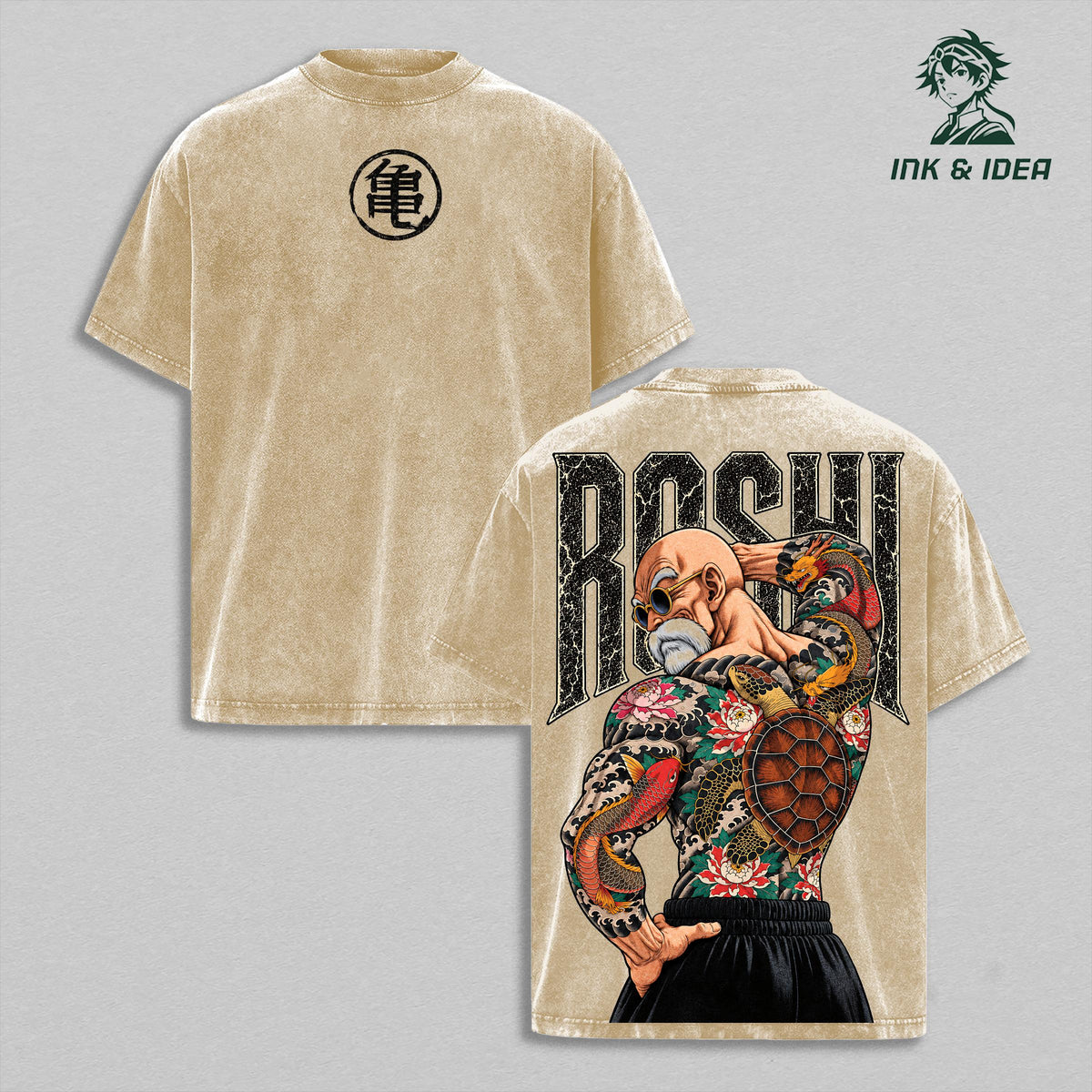 Master Roshi DBZ Vintage Washed Gym T-Shirt, Turtle School Martial Arts Tattoo Double Sided Anime Graphic Tee, Oversized Heavyweight Cotton Manga Streetwear, Unisex Fan Gift