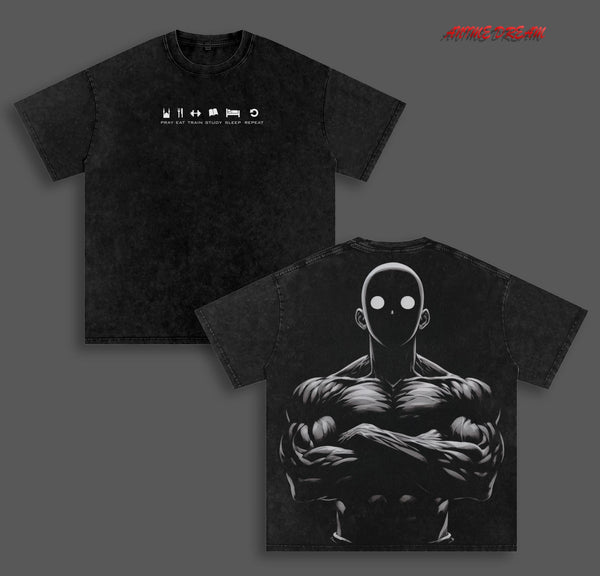 Saitama Baki Anime Double Printed Vintage Washed Tee Unisex Oversize Anime Manga Washed Heavyweight Cotton T-shirt