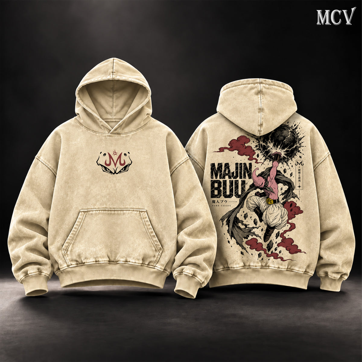 Majin Buu Dragon Ball Z Vintage Washed Oversized Hoodie, Double-Sided Kid Buu Anime Graphic Pullover, Pure Chaos Destruction Artwork, Retro 90s Y2K Streetwear, Unisex DBZ Fan Gift