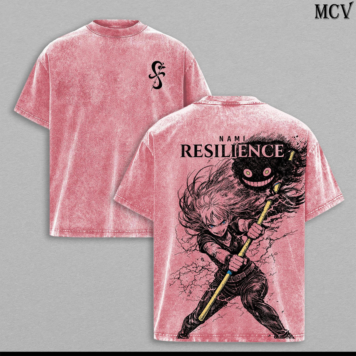 Nami Resilience Washed Tee – One Piece Anime Manga Lightning Graphic Double Printed T-Shirt, Menswear Heavy Cotton Unisex Oversize Streetwear Vintage Edition