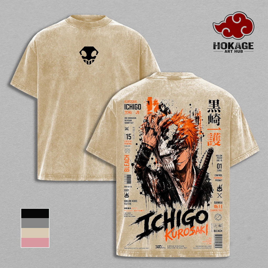 Ichigo - Bleach Hollow Mask Double Printed Graphic Tee, Heavy Cotton Oversized Shirt, Faded Acid Wash Streetwear For Men, Gift For Anime Lovers And Bleach Fans