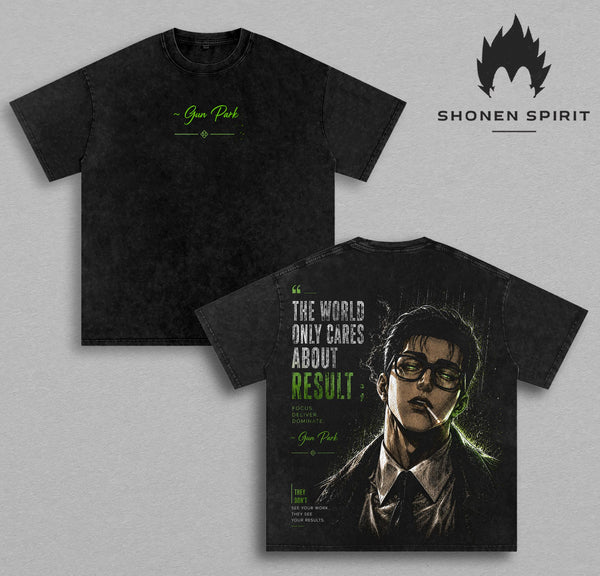 Gun Park Vintage Washed T-Shirt | Lookism Graphic Tee | The World Only Cares About Results Oversized Heavyweight Cotton Streetwear Shirt | Anime Manhwa Unisex Fan Gift