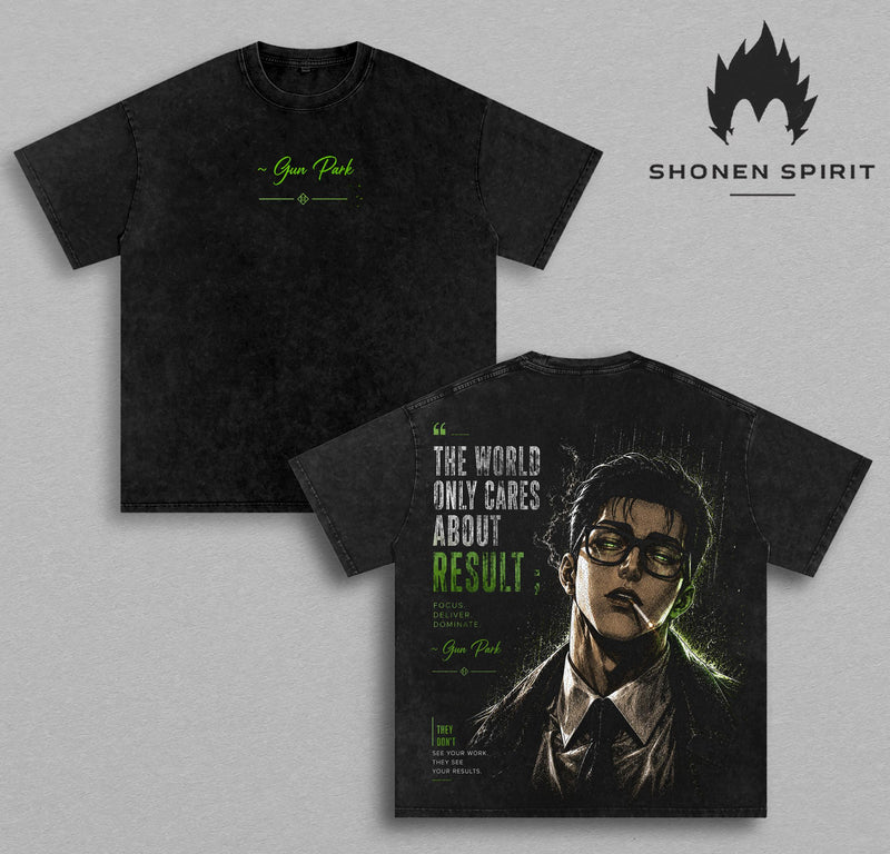 Gun Park Vintage Washed T-Shirt | Lookism Graphic Tee | The World Only Cares About Results Oversized Heavyweight Cotton Streetwear Shirt | Anime Manhwa Unisex Fan Gift