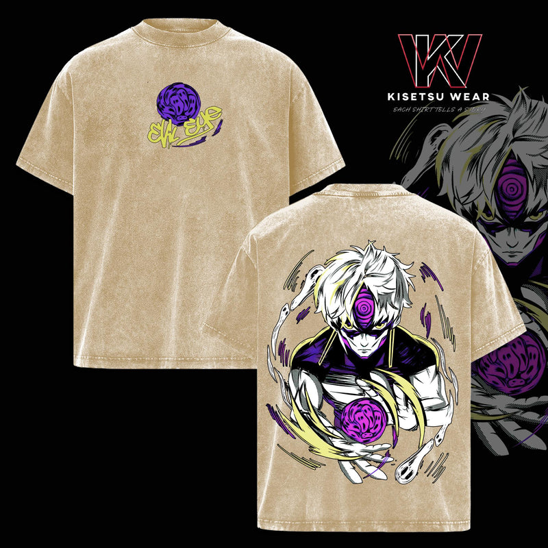 Evil Eye Vintage Washed Oversized T-Shirt – Dandadan Anime Graphic Tee, Supernatural Curse Eye Manga Art Shirt, Soft Cotton Streetwear Casual Apparel, Unisex Top, Gift for Dandadan Fans