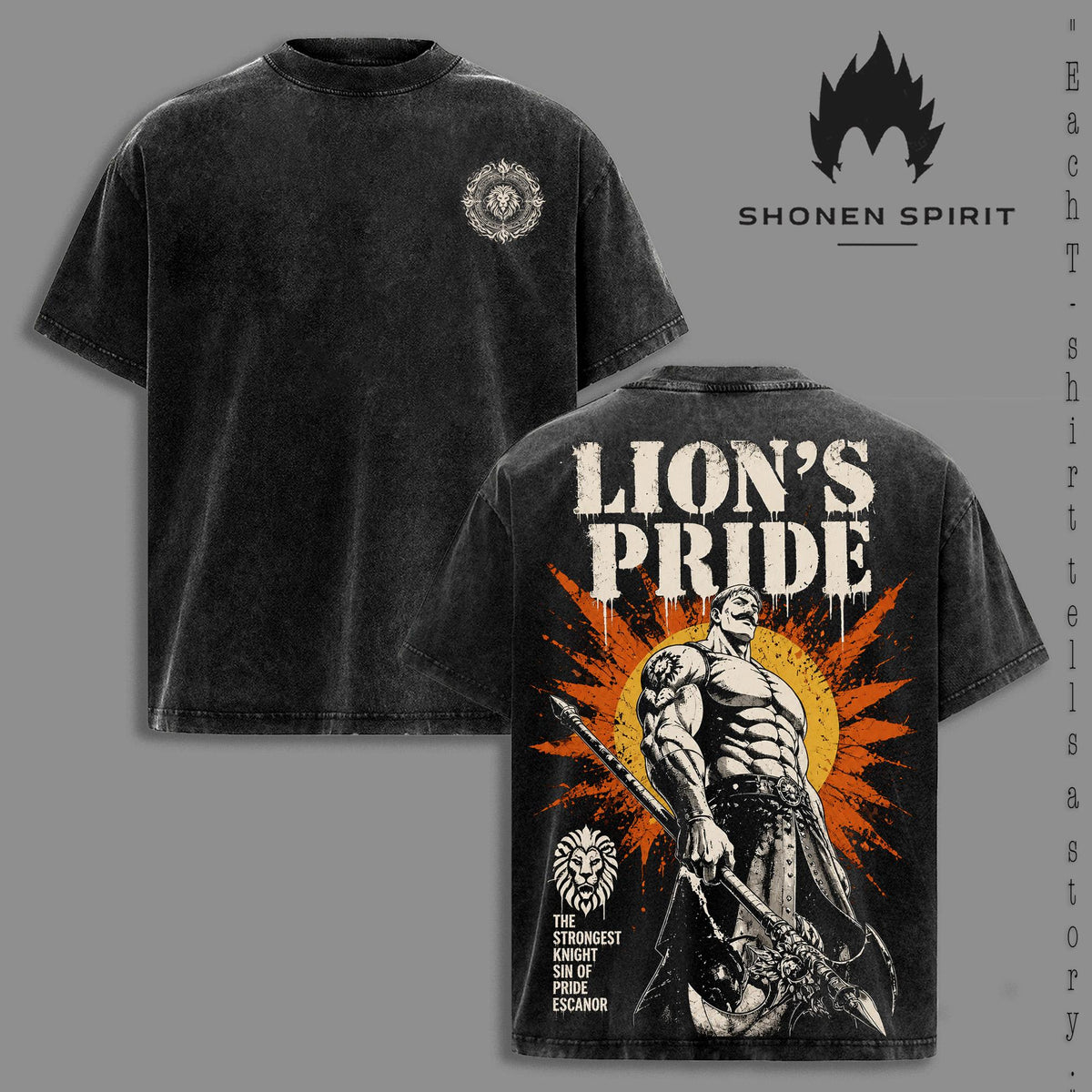 Escanor Lion's Pride Vintage Washed T-Shirt, The Seven Deadly Sins Anime Graphic Tee, Oversized Heavyweight Cotton Streetwear Shirt, Double-Sided Manga Fan Gift