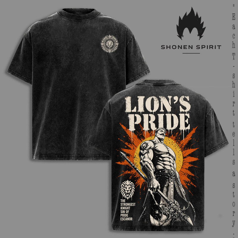 Escanor Lion's Pride Vintage Washed T-Shirt, The Seven Deadly Sins Anime Graphic Tee, Oversized Heavyweight Cotton Streetwear Shirt, Double-Sided Manga Fan Gift