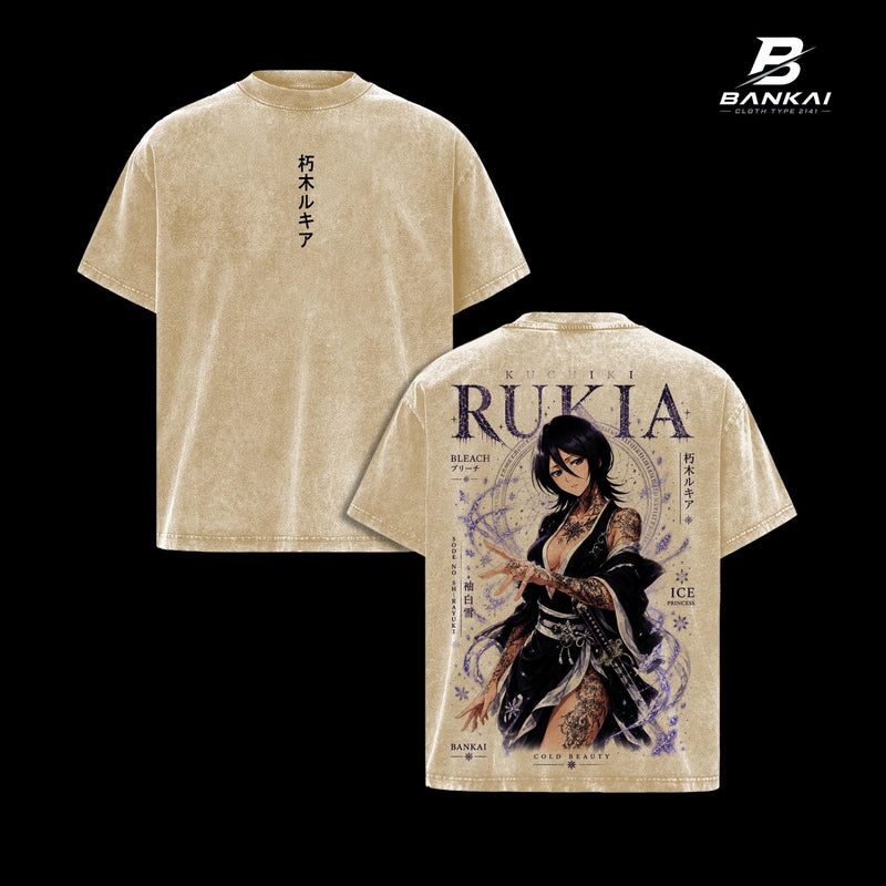 Kuchiki Rukia Bleach Vintage Washed Oversized Graphic T-Shirt, Anime Streetwear Tee With Ice Princess Shinigami Artwork, Sode no Shirayuki Sword Fantasy Print, Heavy Cotton Retro Grunge Shirt, Japanese Manga Inspired Clothing, Gift For Bleach Fans