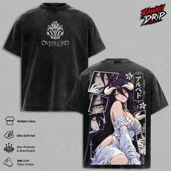 Albedo Overlord Vintage Washed T-Shirt - Albedo Graphic Tee Oversized Anime Streetwear Top Cotton Tshirt Classic Menswear Apparel Gift for Overlord Fans Men & Women
