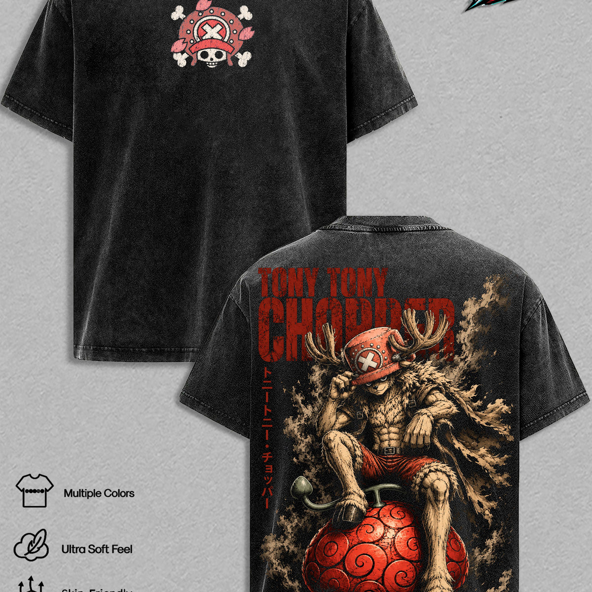 One Pieceee Vintage Washed Anime T-Shirt Collection – Tony Chopper Graphic Tee, Devil Fruit Pirate Streetwear Heavy Cotton Unisex Manga Shirt, Anime Gift for Men & Women