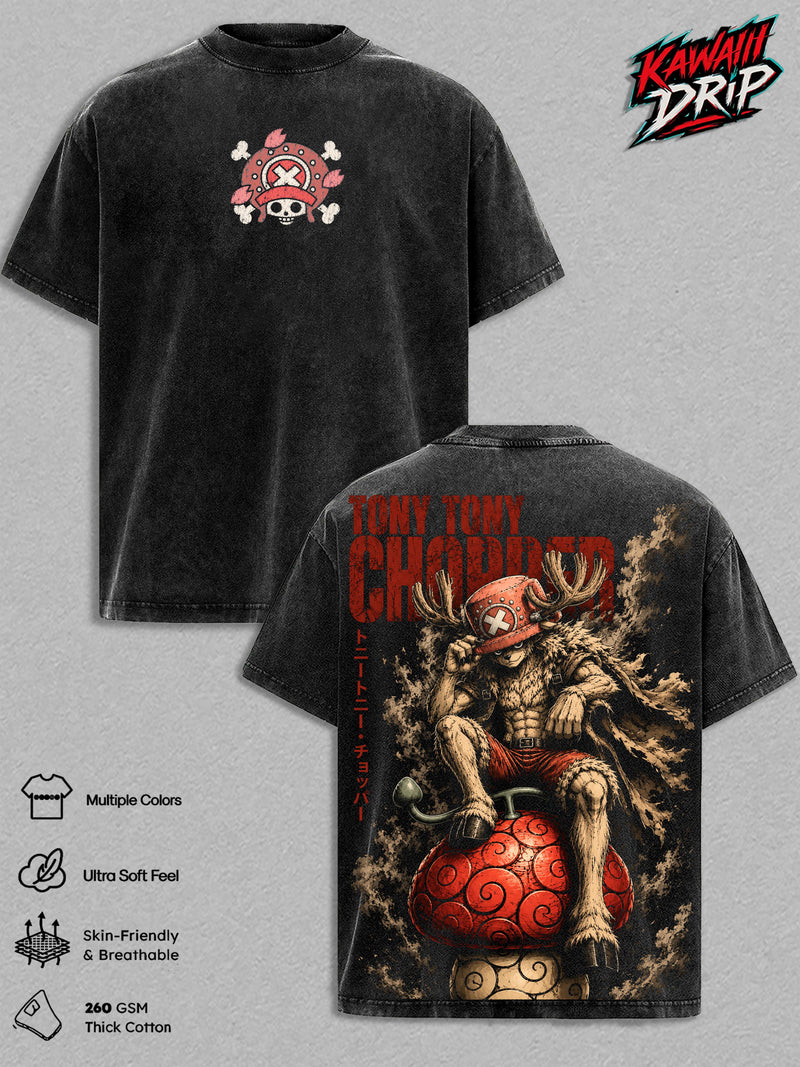 One Pieceee Vintage Washed Anime T-Shirt Collection – Tony Chopper Graphic Tee, Devil Fruit Pirate Streetwear Heavy Cotton Unisex Manga Shirt, Anime Gift for Men & Women