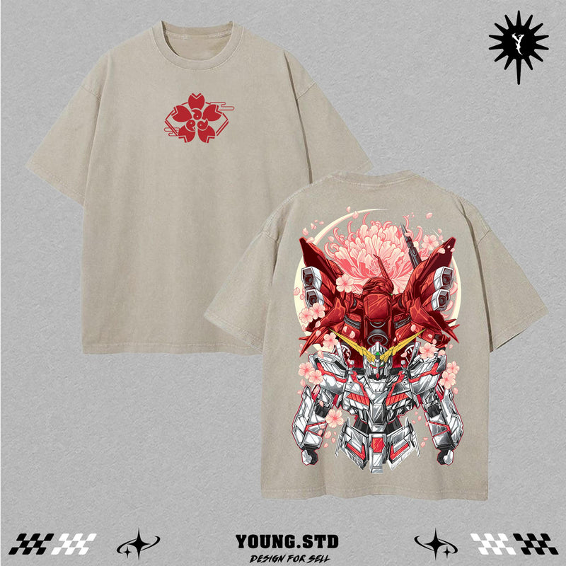 Cherry Blossom Gundam Tee | Anime Mecha Double Printed Washed Shirt | RX Mecha Core Streetwear Top | Heavyweight Cotton Oversized Tee | Robot Samurai Japan Inspired Graphic Shirt