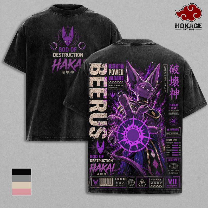 Beerus DBZ Vintage Washed T-Shirt God of Destruction Anime Graphic Tee Hakai Power Streetwear Oversized Shirt Gift for DBZ Fans