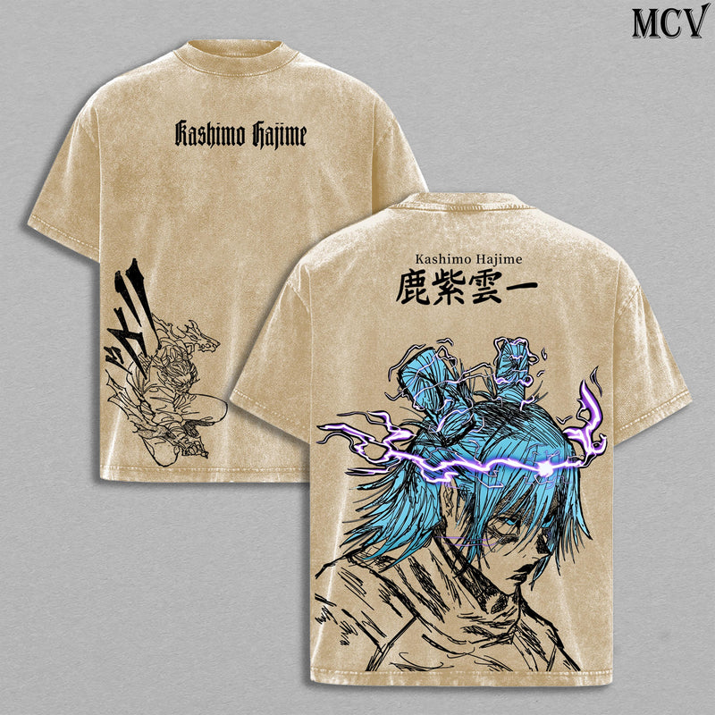 Kashimo Hajime Tee Washed – Jujutsu Kaisen Execution × Culling Game Arc Vintage Washed Heavy Cotton Oversized Anime Manga T-Shirt Hoodie, Double Printed Retro Unisex Streetwear Graphic Top, Lightning Ancient Sorcerer Edition