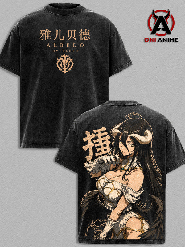 Albedo Overlord Vintage Washed T Shirt, Anime Graphic Tee, Overlord Oversized Streetwear Top Cotton Tshirt, Classic Menswear Clothes Apparel, Gift for Overlord Fans Men & Women