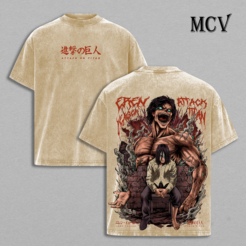 Eren Yeager Attack On Titan Washed T-Shirt, Vintage Anime Oversized Tee, Heavy Cotton Shirt