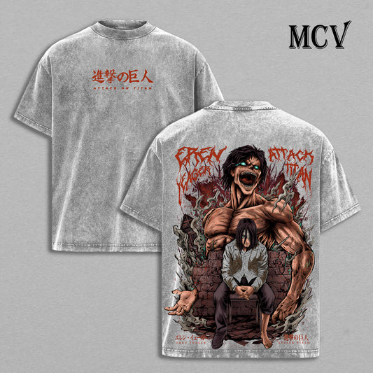 Eren Yeager Attack On Titan Washed T-Shirt, Vintage Anime Oversized Tee, Heavy Cotton Shirt