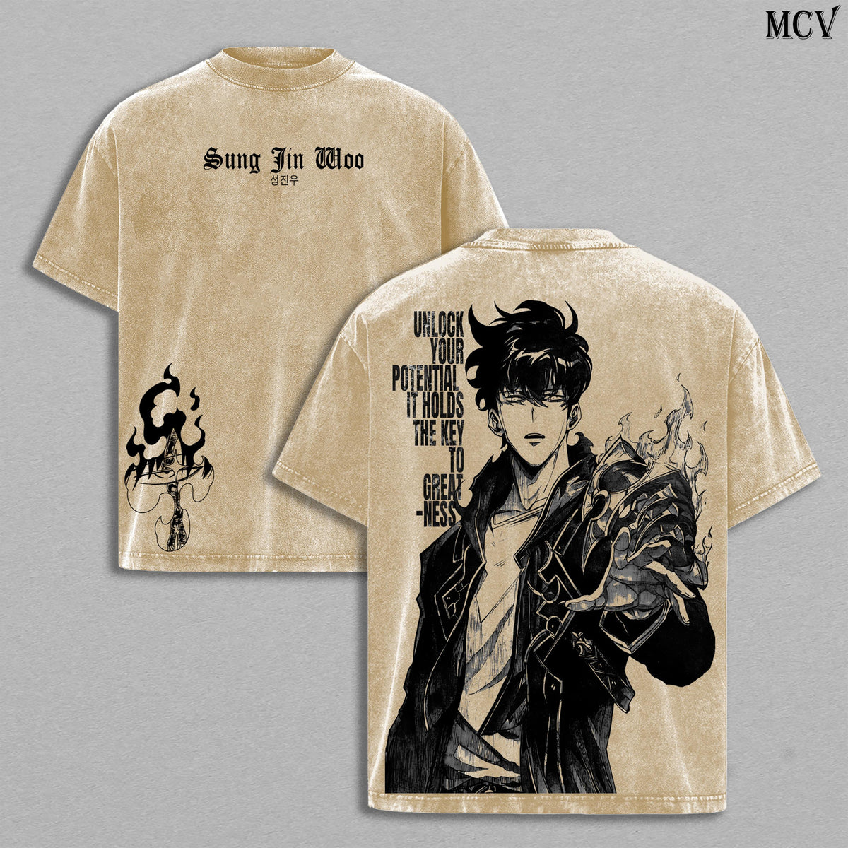 Vintage Retro Sung Jin-Woo Solo Leveling Tee Washed – Vintage Retro Washed Heavy Cotton Oversized Anime Manga Manhwa T-Shirt & Hoodie, Double Printed Retro Unisex Streetwear Graphic Top, Shadow Monarch Arise Edition