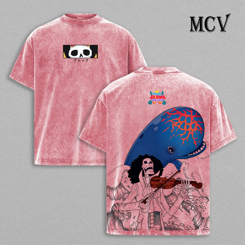 Brook x Laboon One Piece Washed T-Shirt, Vintage Anime Oversized Tee, Heavy Cotton Shirt
