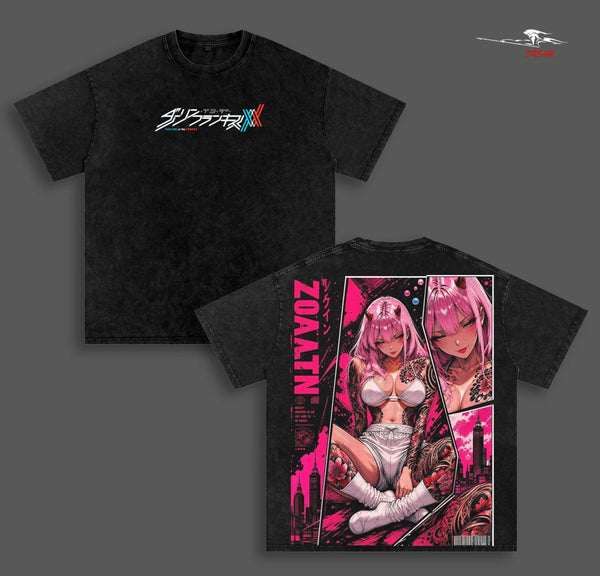 Zero Two Darling in the Franxx Anime Double Printed Vintage Washed Tee.