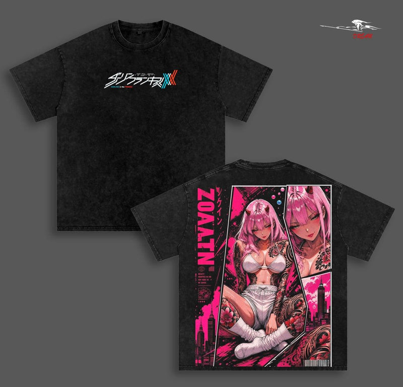 Zero Two Darling in the Franxx Anime Double Printed Vintage Washed Tee.