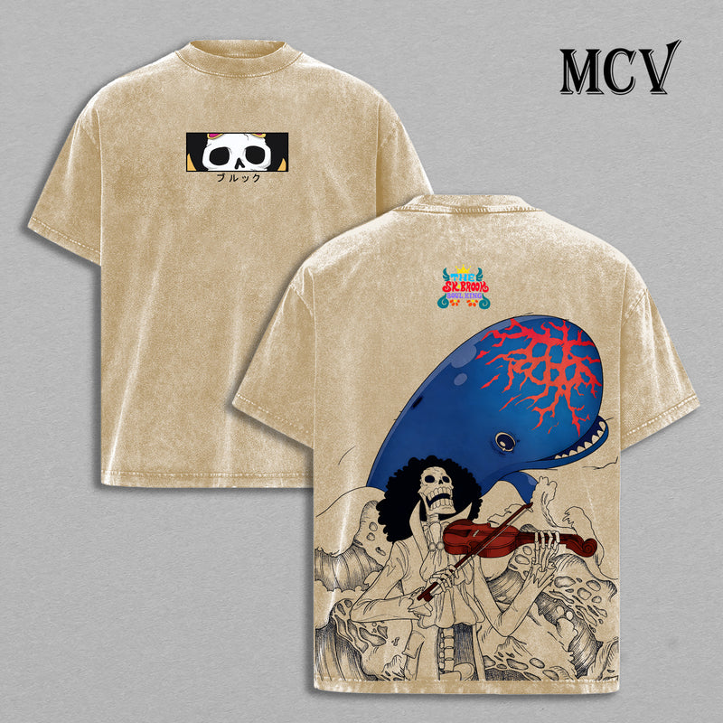 Brook x Laboon One Piece Washed T-Shirt, Vintage Anime Oversized Tee, Heavy Cotton Shirt