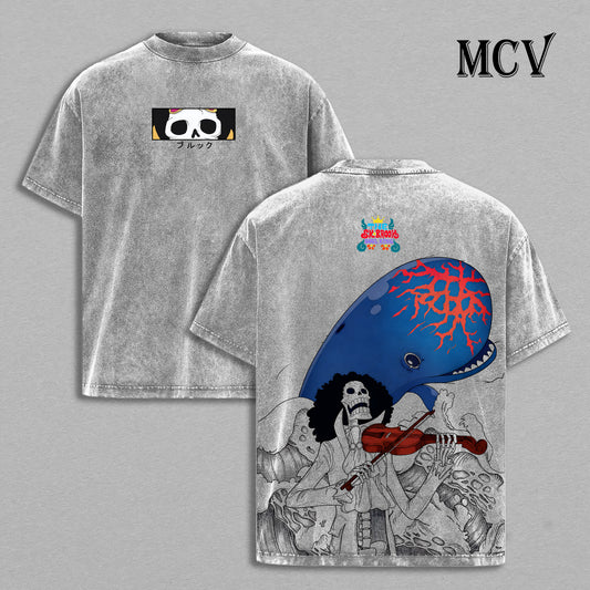 Brook x Laboon One Piece Washed T-Shirt, Vintage Anime Oversized Tee, Heavy Cotton Shirt