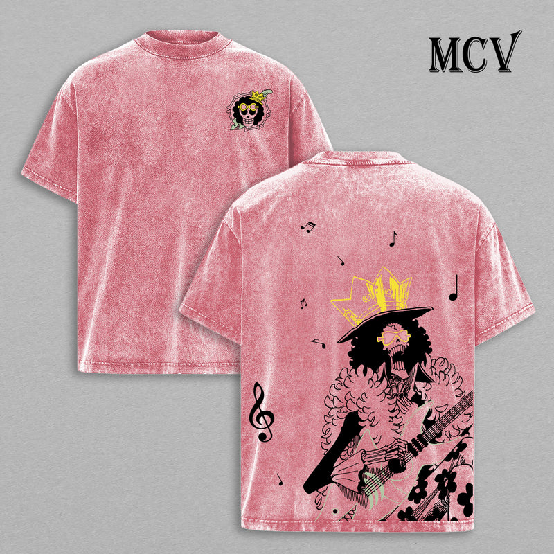 Brook One Piece Washed T-Shirt, Vintage Anime Oversized Tee, Heavy Cotton Streetwear Shirt