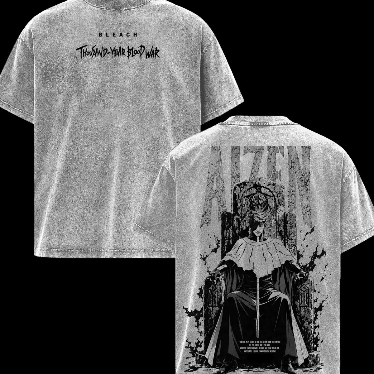 Sosuke Aizen Bleach TYBW Men’s Graphic T-Shirt, Double Sided Throne Anime Tee, Oversized Vintage Washed Soft Cotton Crewneck, Classic Streetwear Apparel, Gift for Anime Fans