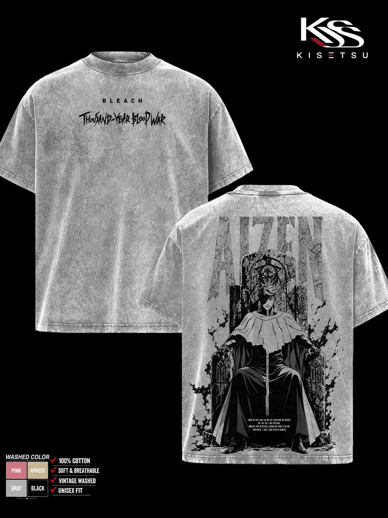 Sosuke Aizen Bleach TYBW Men’s Graphic T-Shirt, Double Sided Throne Anime Tee, Oversized Vintage Washed Soft Cotton Crewneck, Classic Streetwear Apparel, Gift for Anime Fans