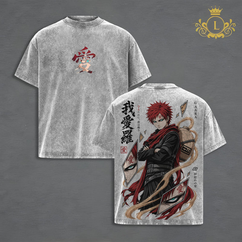 Gaara Naruto Vintage Washed T-Shirt Hoodie, Sand Village Anime Graphic, Double-Sided Heavyweight Oversized Unisex Streetwear, Gift For Anime Fan