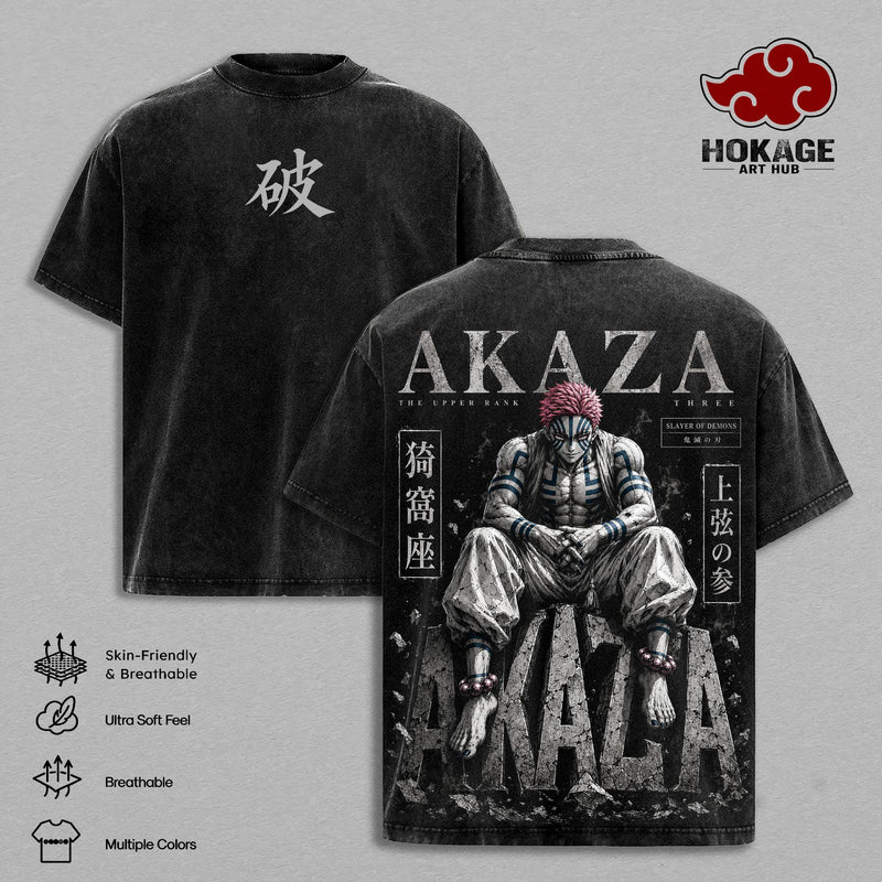 Infinity Castle Vintage Washed Anime T-Shirt - Akaza Graphic Tee, Upper Moon Demon Streetwear Oversized Heavy Cotton Unisex Shirt, Demon Slayer Retro Manga Gift for Men & Women