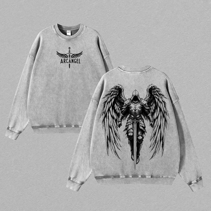 Arcangel Saint Michael T-Shirt, Sweatshirt, Hoodie Washed - Holy Warrior Angel Graphic Shirt, Sword and Wings Vintage Washed Top, Christian Gothic Streetwear Outfit Church - Gym Pump Cover Jesus Apparel