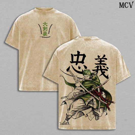 Zoro Three Sword Style Anime Vintage Washed T-Shirt, Samurai Swordsman Graphic Tee, Manga Streetwear Shirt Heavy Cotton
