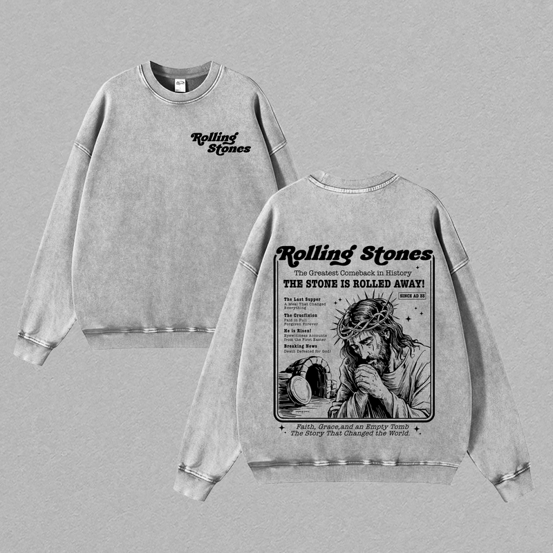 Rolling Stones Vintage Washed Oversize T-Shirt / Hoodie / Tank Top, The Stone Rolled Away Resurrection Christian Streetwear, Retro Heavyweight Faith Outfit Gift , Jesus Apparel Church Outfit Gym Pump Cover