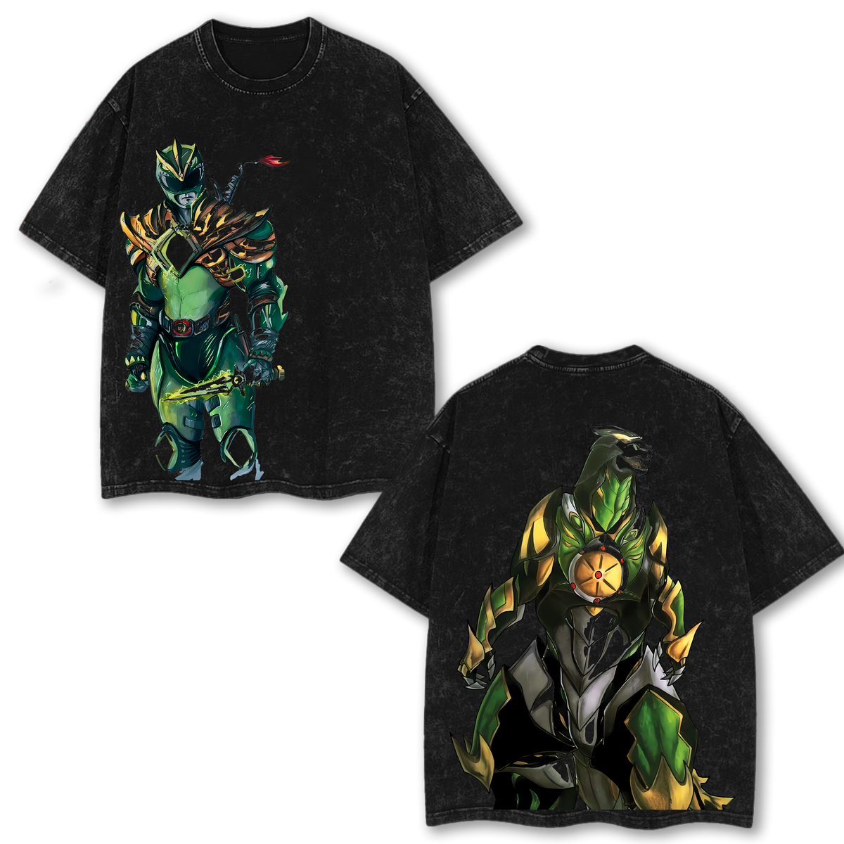 Green Ranger x Dragonzord Mighty Morphinn Power Rangers Edition Double Printed Oversize Lightweight Acid Washed Tee
