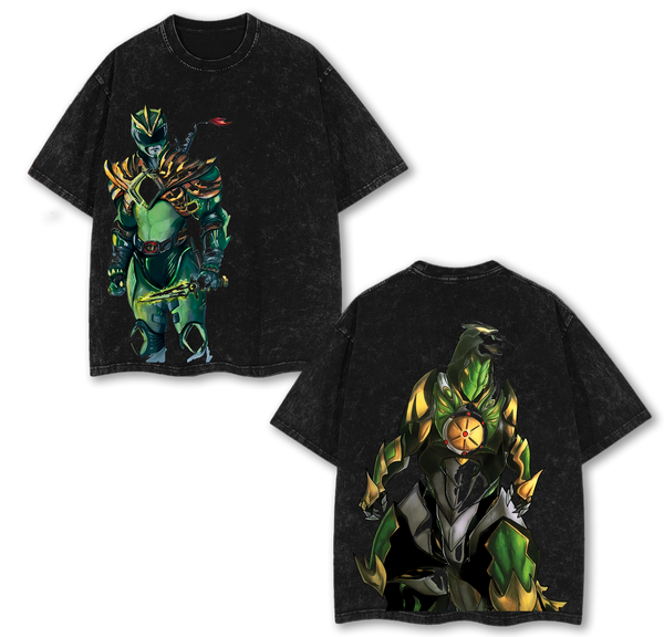 Green Ranger x Dragonzord Mighty Morphinn Power Rangers Edition Double Printed Oversize Lightweight Acid Washed Tee