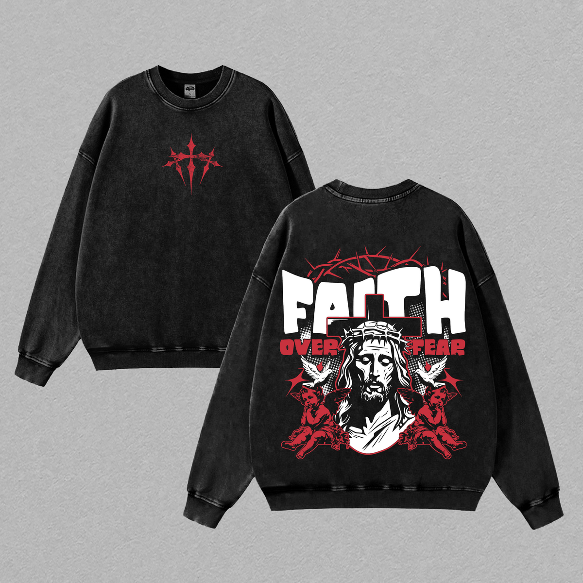 Faith Over Fear Jesus Shirt | Crown of Thorns Christian Graphic Tee | Vintage Washed Angel Print | Bold Cross Streetwear | Religious Spiritual Heavy Cotton Oversized Tee for Believers